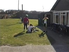 Assembling outside our annexe dorm at Treyarnon Bay youth hostel
